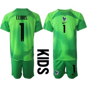 Francja Hugo Lloris #1 Bramkarskie Koszulka Wyjazdowych Dziecięca MŚ 2022 Krótki Rękaw (+ Krótkie spodenki)